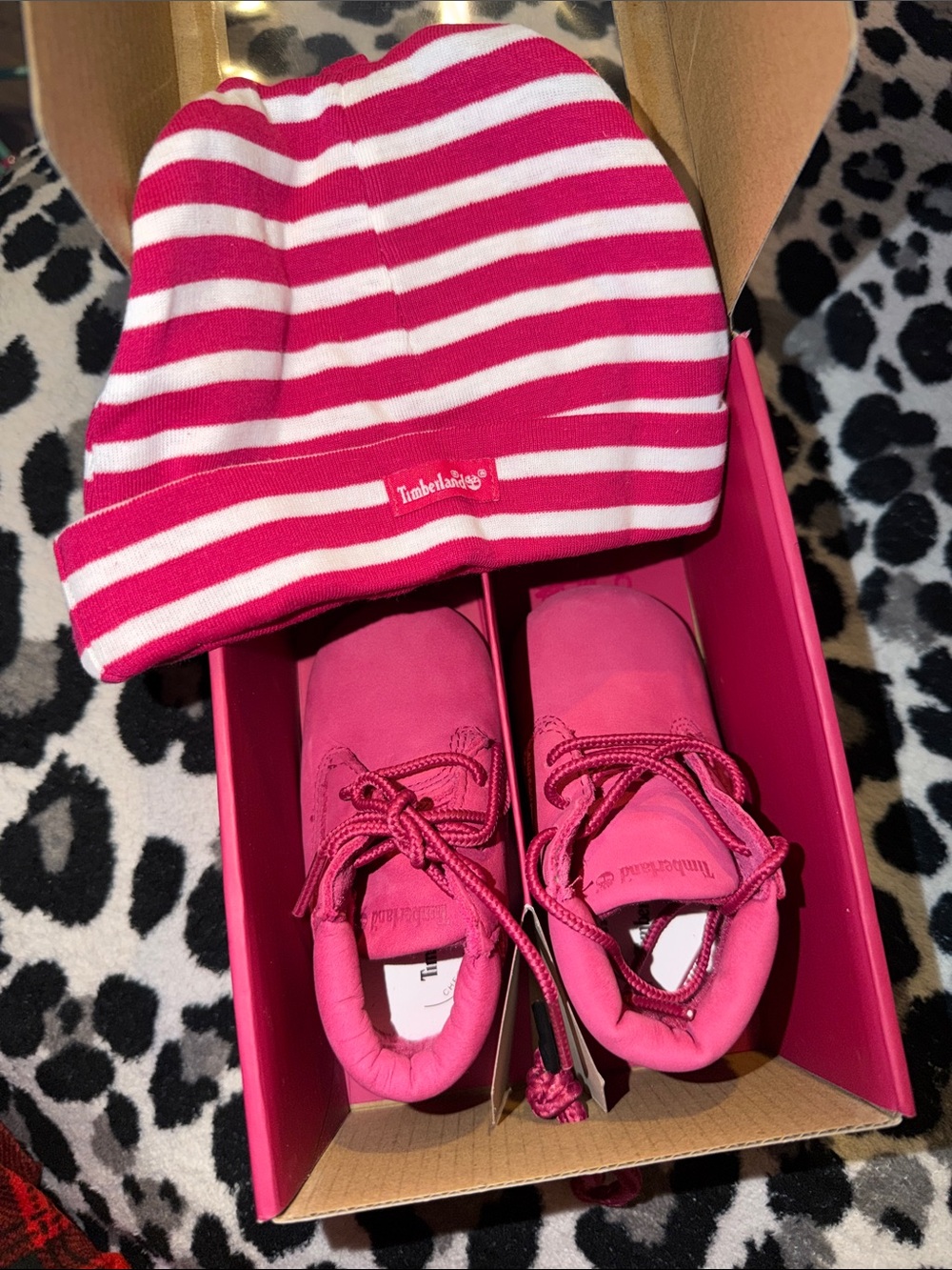 Timberland Pink Kids Boots with Striped Pink & White Beanie